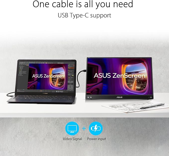 ASUS ZenScreen 16” (15.6 inch viewable) 1080P USB-C Portable Monitor (MB16AHV) & ZenScreen Stand MTS02D - Ergonomic Stand for Portable Monitors, Tilt, Pivot, Height adjustments, 1/4”