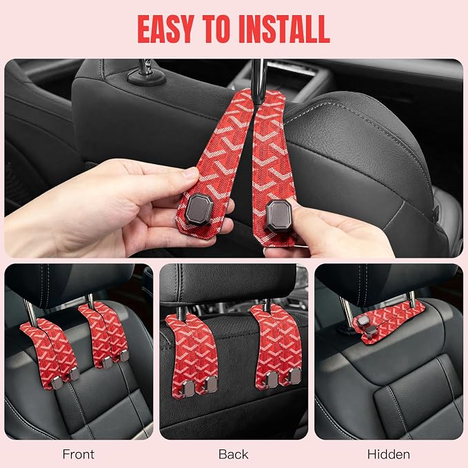 2PCS Car Hooks for Headrest, Faux Leather Purse Hook for Car Seat Back Organizers and Storage, Double Metal Purse Holder Bag Hanger, Universal Car Interior Accessories for Women Man
