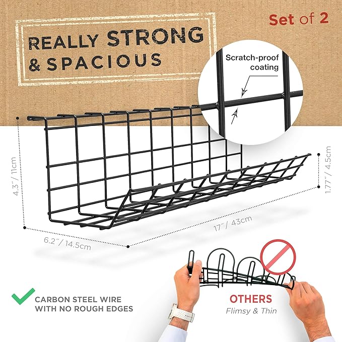 Under Desk Cable Management Tray, Cord Organizer for Desk, Cable Organizer, Wire Organizer, Cord Management, Wire Holders - Black Tray - Set of 2x17