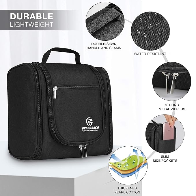 Freegrace Extra Large Hanging Toiletry Bag for Men and Women - Water-Resistant Nylon Travel Bathroom Organizer for Cosmetics, Makeup, and Toiletries