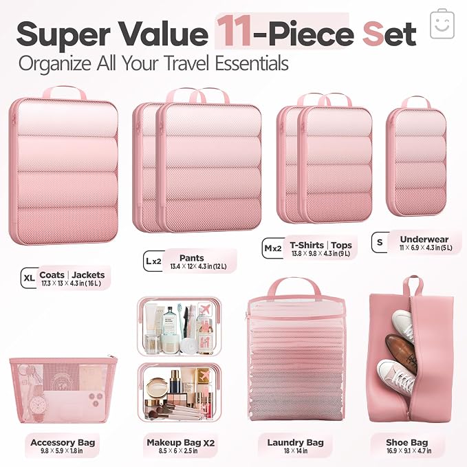 Veken 11-Pack Compression Packing Cubes for Travel Essentials,Compressible Expandable Large Luggage Suitcase Organizer Bags for Clothing,Durable Space Saver Bags with Toiletry Bags(Pink)