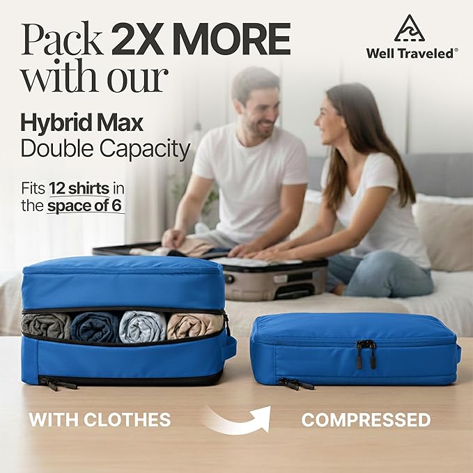Well Traveled 8 pcs Compression Packing Bags Cubes Set with HybridMax Double-Capacity Design - Packing Cubes for Travel Compression to Maximize Limited Luggage Space, Blue