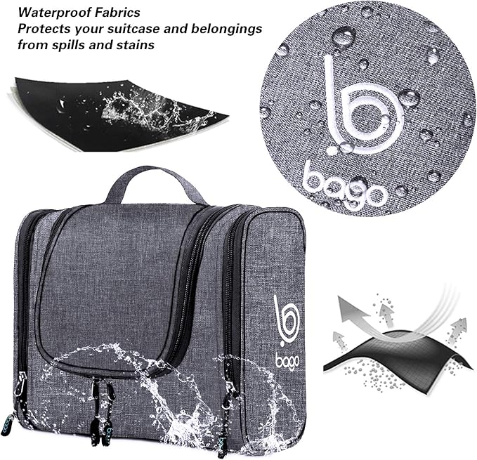 Bago Travel Toiletry Bag for Women and Men - Large Waterproof Hanging Toiletry Bag for Bathroom and Travel Bag for Toiletries Organizer (Snow Black)