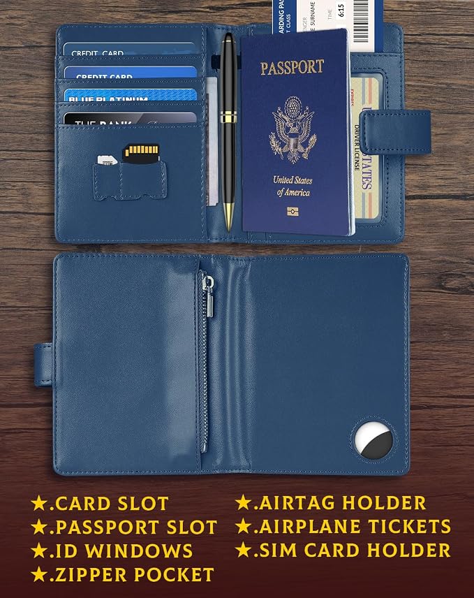 Passport Holder Wallet Cover Case for Women and Men,RFID Blocking,Passport Case with AirTag Slot,Travel Accessories (Navy Blue)