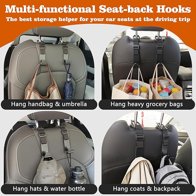 Amooca Car Headrest Hooks 4 Pack Adjustable Universal Fit Auto Seat Back Organizer Storage Hanger Purse Bags Holder with Clip Black