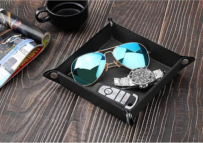 Luxspire Valet tray, PU Leather Tray, Catchall Tray, Men Women Jewelry Key Tray, Desk Storage Plate for Key Coin Phone Jewelry Wallet, Small Size - Black