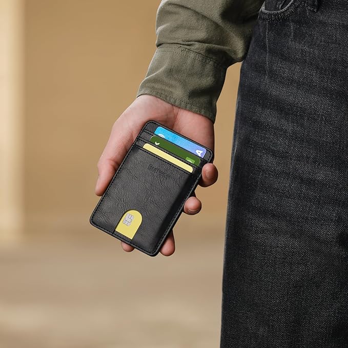 Buffway Mens Slim Wallet, Minimalist Thin Front Pocket Leather Credit Card Holder with RFID Blocking for Work Travel | Minimalist, Thin, Front Pocket, Credit Card Holder, RFID Blocking, for Work Travel