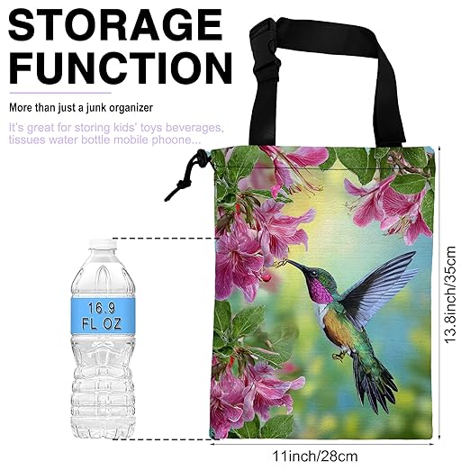 Car Trash Bag Hummingbird with Hibiscus Car Trash Bin Leakproof Waterproof Car Trash Can for Back Seat, Foldable Car Garbage Bag with Adjustable Straps and Drawstring for Car Accessories