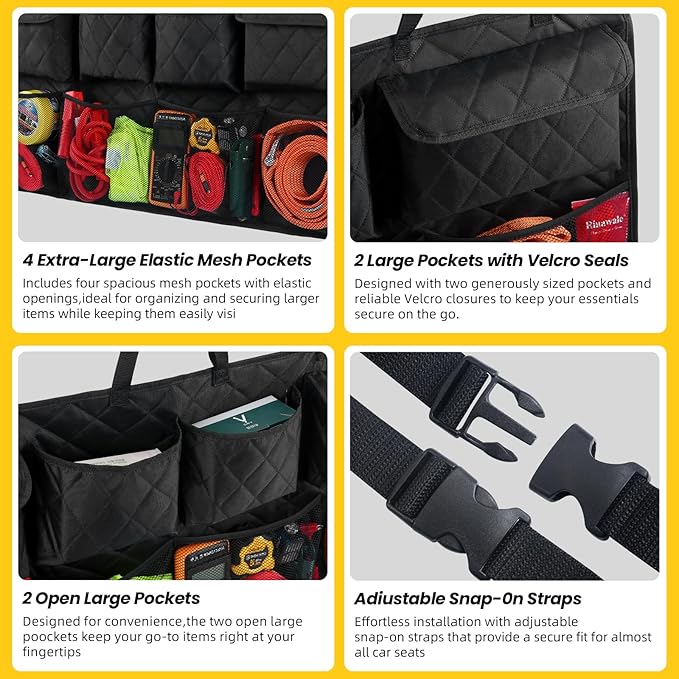 Car Trunk Hanging Organizer 3D Textured Ripple Design, Cotton-Padded Farewell to Collapse, Reinforced Stitching, Extra-Wide Pocket, Backseat Grocery Storage Bag with 8 Pockets for SUV,Truck,Van