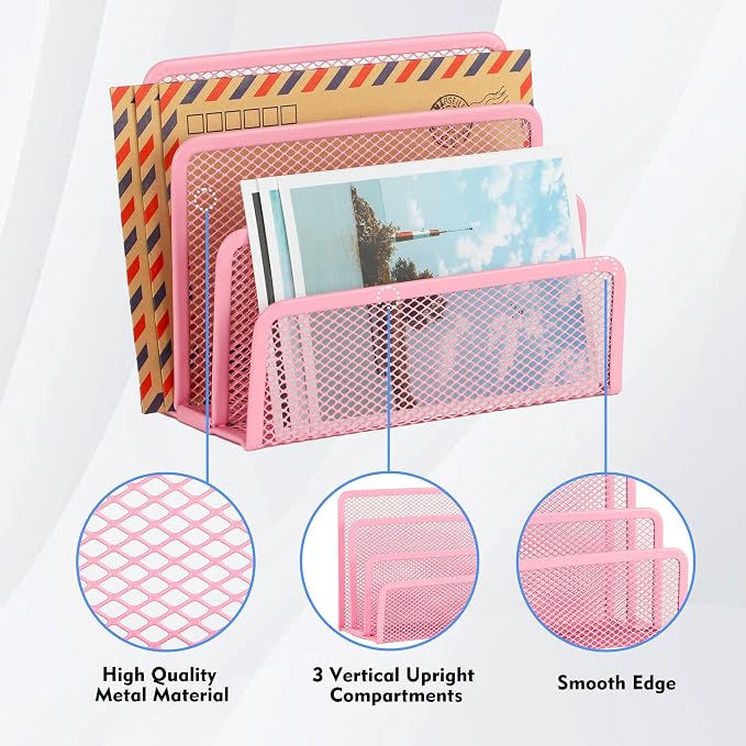 EASEPRES Desk Mail Organizer, Office Small Desktop Metal Mesh Envelope Letter Sorter Paper File Holder Organizer with 3 Vertical Upright Compartments, Pink 1 Pack