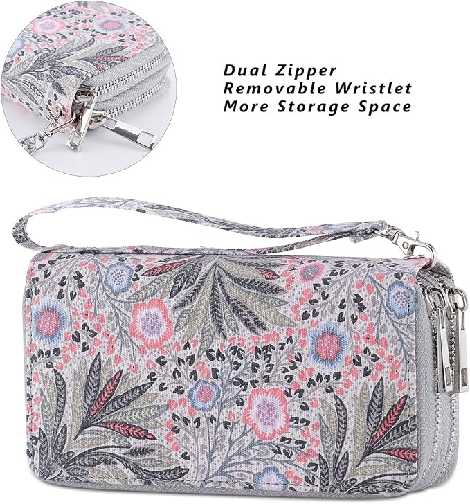 Cellphone Wallet for Women Dual Zipper Long Purse with Removable Wristlet
