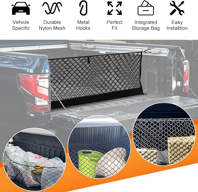 Envelope Style Truck Bed Cargo Net Compatible with Nissan Titan 2017-2023 2024 2025,Highly Elastic Truck Cargo Net for Titan Accessories, Upgraded Storage Bag & Heavy Duty Carabiners