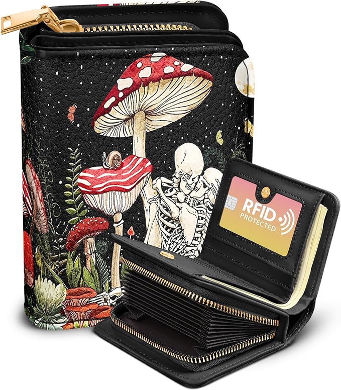 Bistup Credit Card Holder Wallet for Women Cute Leather Ladies Teen Girls Female Cardholder Wallets Accordion Purse Small Medium Aesthetic Print Mushroom Skull Unique Modern Y2k Rfid Zipper Around