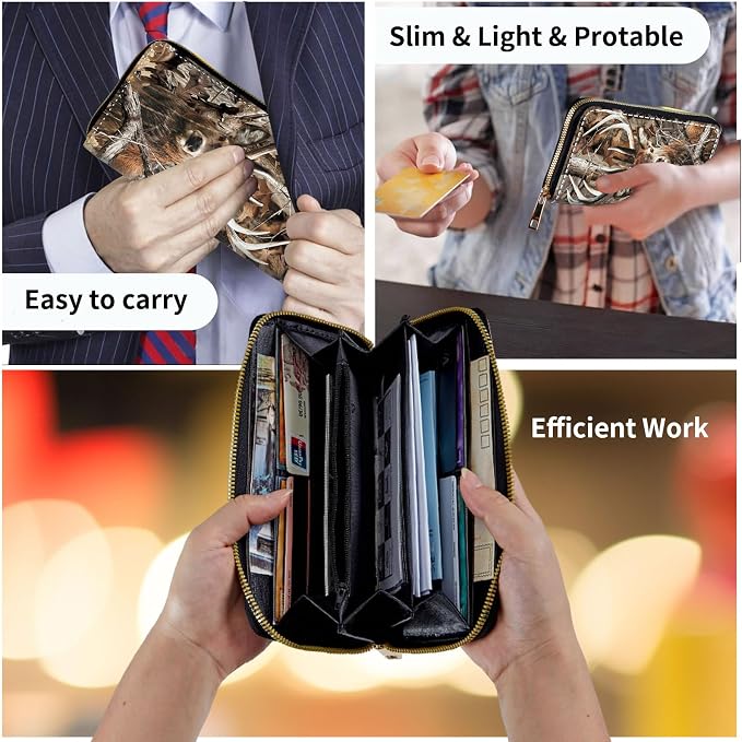 Wallet,Leather Long Wallet Suitable For Ladies And Teenagers - Detachable Wristband + RFID Travel Wallet With Card Slot - Camo Forest Deer