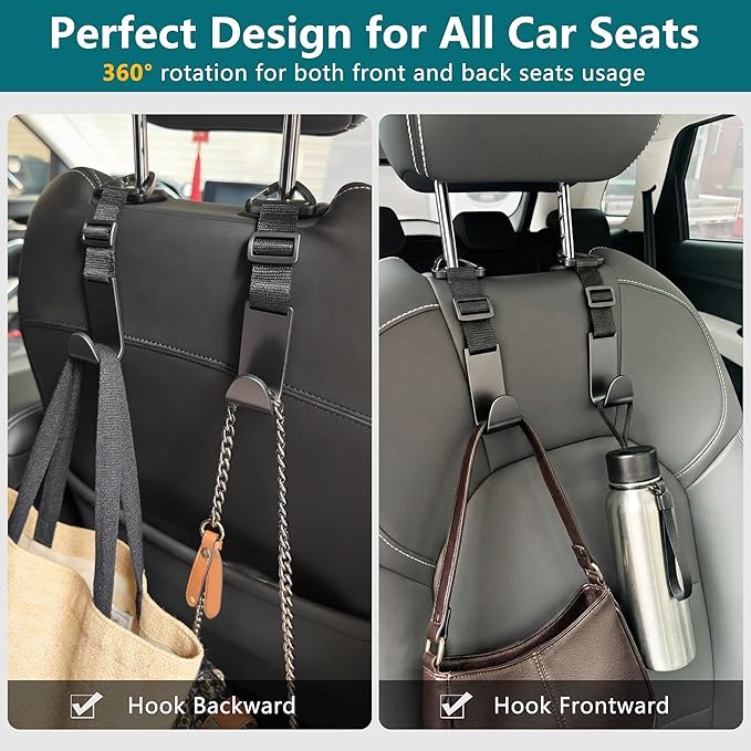 Amooca Headrest Hooks for Car Adjustable 4 Pack Vehicle Seat Back Organizer Storage Hanger Holder for Purse Bags Universal Fit with Clip Black