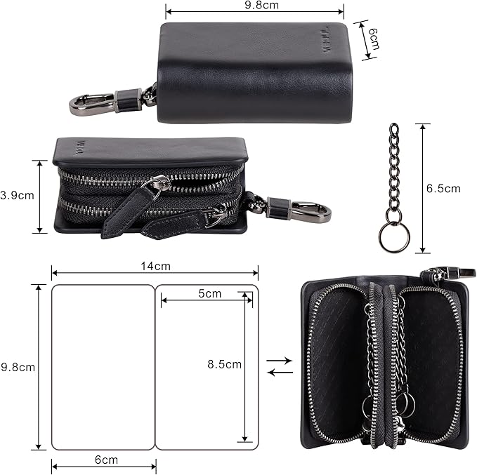 VISOUL Car Key Case Holder Double Zipper, Leather Car Smart Key Fob Case with Keychain for Men and Women