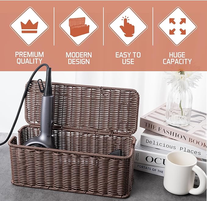 Cable Management Box, Handmade Rattan Cable Organizer with 2 Open Slots, Cord Hider for Power Strip, Router & USB Hub, Registered U.S. Design Patent (D1,112,102), 13" x 5.1" x 5.1", Brown