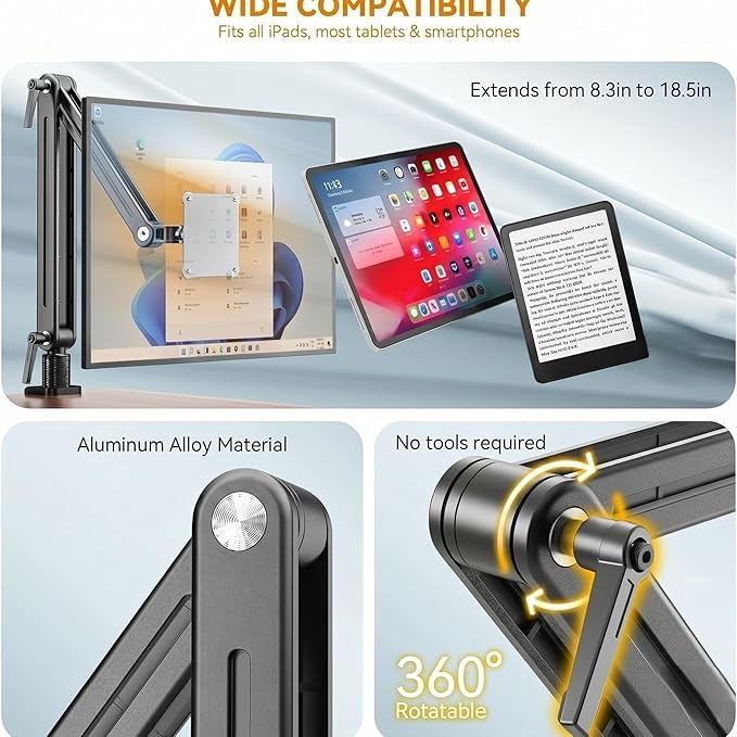Portable Monitor Holder Mount Arm with Strong Magnetic 360° Rotating Base Bearing Over 5LBS Compatible with 12.9/14.6/15.6/17.3/18.5 inch iPad Pro/Mini/Air/Surface/Samsung