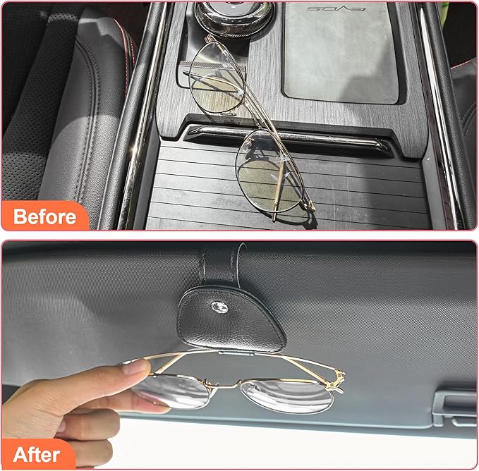 2 Packs Sunglasses Holders for Car Visor - Magnetic Leather Sunglasses Holder and Ticket Card Clip