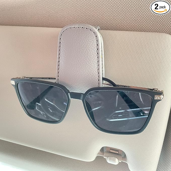 KIWEN Sunglasses Holders for Car Sun Visor, Magnetic Leather Sunglass Glasses Eyeglass Clip for Car (2, Gray)