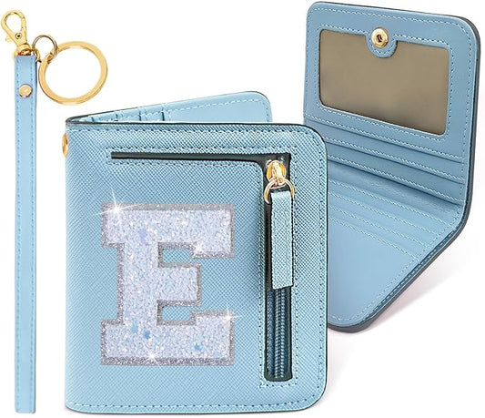 COSHAYSOO Initial RFID Wallet Small for Teenager Girl Travel Daily Stuff Storage Organizer, Mini Bifold Wallet Pocket Purse with Zipper Compartment ID Cash Slot Birthday Trending Easter Gift Blue E
