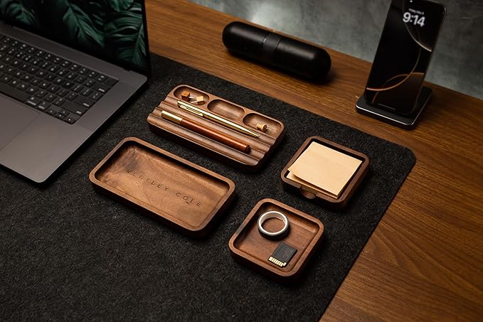 MUUJEE Engraved Wooden Desk Organization 4 Piece Set - for Desk Accessories Work Professional Office Teacher Dad Wood Tray Rustic Minimalist Organizer Pens Pencils Sticky Notes