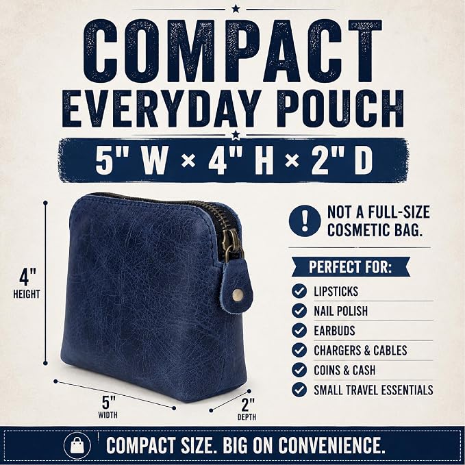 Full Grain Leather Cosmetic Bag – Zippered Makeup Pouch for Women, Small Travel Toiletry & Organizer Pouch for Purse, Premium Handmade Leather (5 × 4 × 2.5 in)