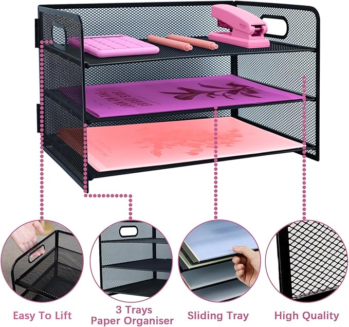 3 Tier Lettrer Tray Organizer with Handle, Metal Mesh Desk File Organizer with Sliding Trays, Paper Sorter Desk for Home Office School, Black