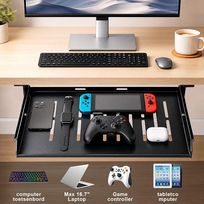 Under Desk Laptop Drawer with Air Vents, 16.3" x 12" Metal Pull Out Sliding Track, Under-Desktop Storage for Laptop & Accessories