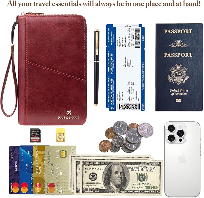 Family Passport Holder for Travel Women and Men RFID Passport Holder with Zipper Passport Case Passport cover Passport Wallet Travel Essentials and Accessories(1-2, Red)
