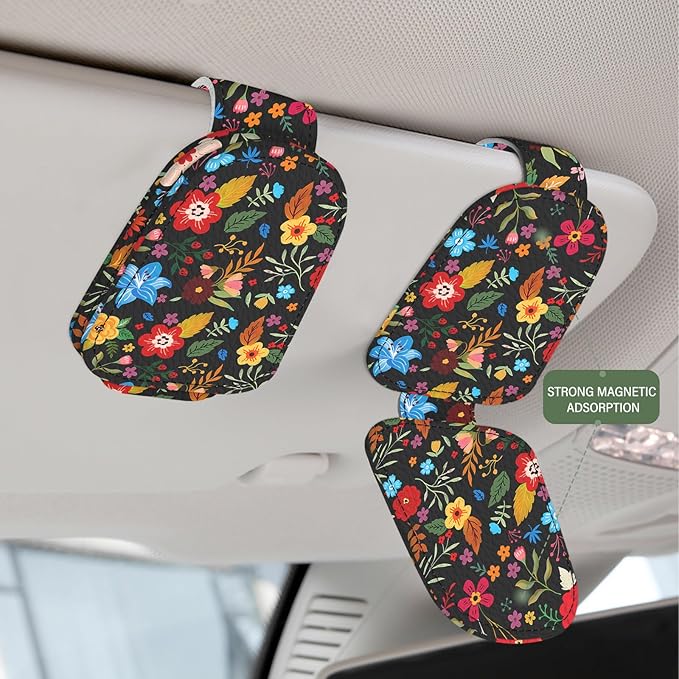 2 Pack Magnetic Leather Sunglass Holder, Universal Magnetic Car Eyeglass Hanger Clip for Different Size Eyeglasses, Car Visor Accessories (Black Floral)