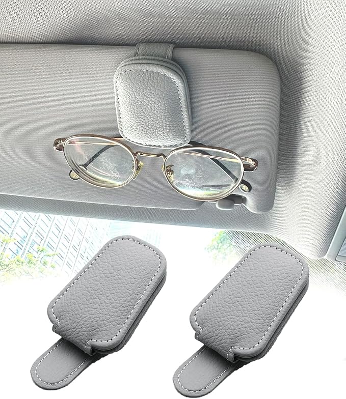 Car Visor Sunglasses Holder, 2 Pack Grey Strong Magnetic Leather Eye Glasses Hanger Clip, Auto Car Truck Sun Visor Accessories