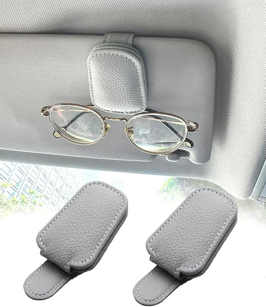 Car Visor Sunglasses Holder, 2 Pack Grey Strong Magnetic Leather Eye Glasses Hanger Clip, Auto Car Truck Sun Visor Accessories