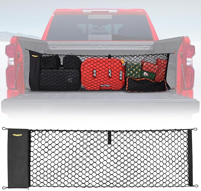 BUMBEE Envelope Style Trunk Cargo Net Compatible with Chevy Silverado 2013-2024 Accessories, Heavy Duty Carabiners Highly Elastic Truck Bed Mesh Cargo Net(16.9" X 52.56" to 66.93")