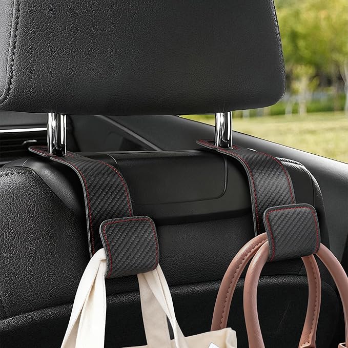 Leather Car purse hooks with larger strap holder purse hook purse holder for car car seat back hooks Automotive seat back organizer headrest hooks for bags and purse (Black Carbon fiber, 2pcs)
