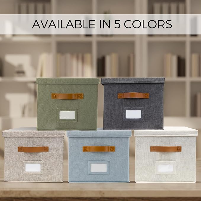 Decorative File Organizer Box Set of 2 - Collapsible Linen Filing Cabinets with Handles Are Perfect to Store All Your Documents & Hanging File Folders - Portable Easy Slide Office Crates with Lid