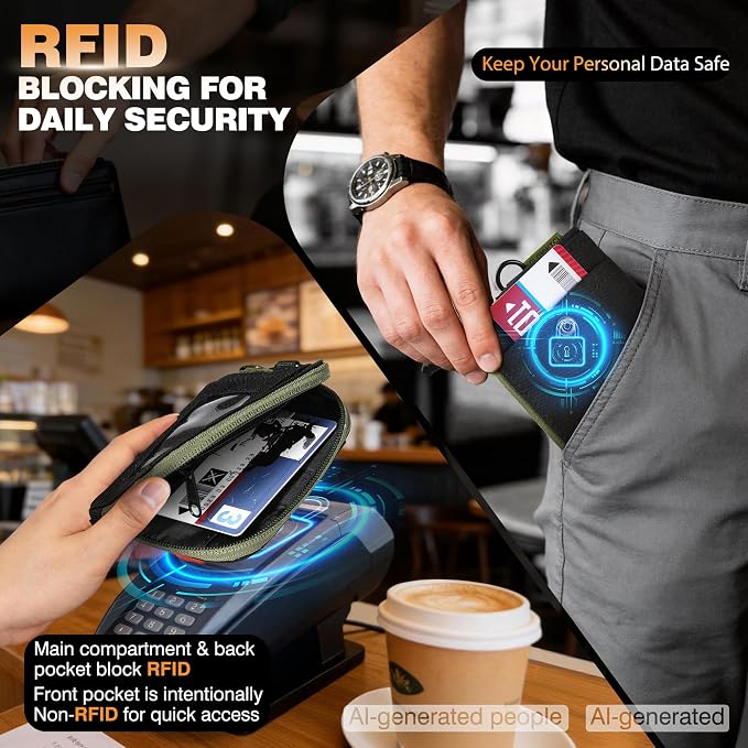 Coin Purse for Men, RFID Blocking 500D Nylon Small Wallet with Key Clip, Slim Front Pocket Card Holder, Zipper Coin Pouch & ID Window Organizer for Cards, Cash