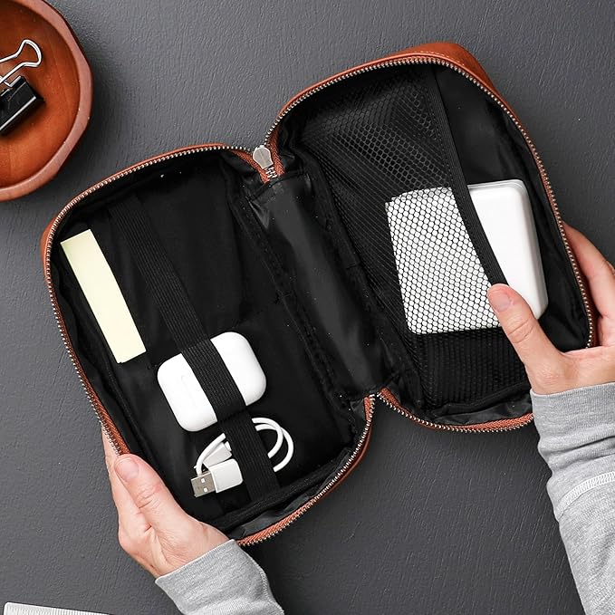 Blue Sky ASMBLD Tech Organizer, 8" x 4.5" x 2", Faux Leather, Non-Dated, Zip Closure, Travel Cable Organizer for Cords, Chargers, and Accessories (Zip Closure, Tan)