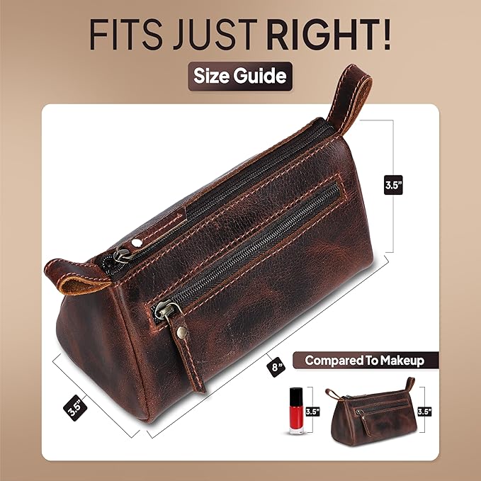 Leather Makeup Bag for Women – Genuine Leather Cosmetic Bag Travel, Handmade Zippered Makeup Pouch, Small Toiletry Bag, Shaving Kit & Stationery Organizer- Brown