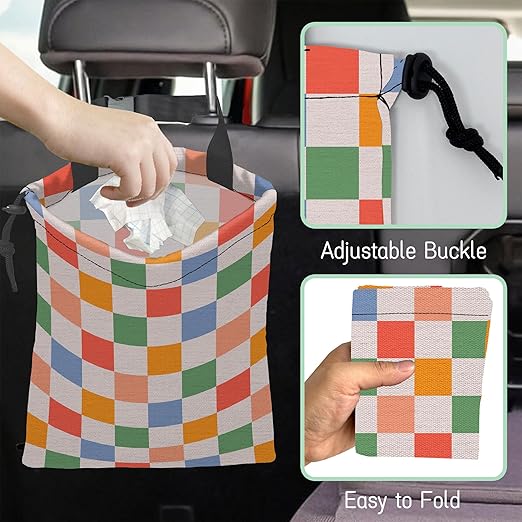 70s Checkered Car Garbage Bag,Retro Grid Waterproof Small Car Trash Bag Hanging Back of Seat,Drawstring Hanging Car Trash Bag with Adjustable Buckle for Car Accessories