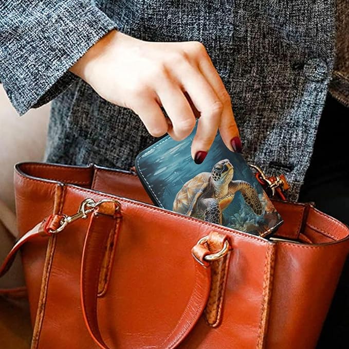 Sea Turtle RFID Credit Card Holder Wallets Accordion for Women Leather Zipper Card Case Accordion Wallet for Ladies Girls
