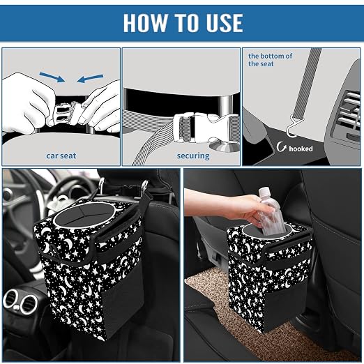 Gothic Night Stars Moons On Black Car Trash Can with Lid Collapsible Reusable Waterproof Garage Bag,Automotive Garbage Can,Car Accessories Interior Organizer, 22112802