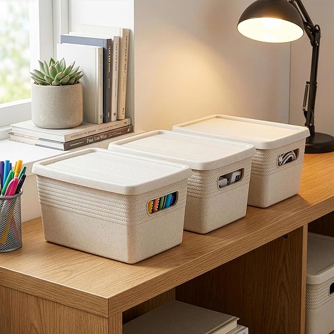 BINO | Plastic Storage Bins with Lids, 5 Liter - 3 Pack, Natural | THE BRAIDED COLLECTION | Plastic Bins for Organization Woven Storage Baskets for Organizing Pantry Shelf Organizer Basket Bin