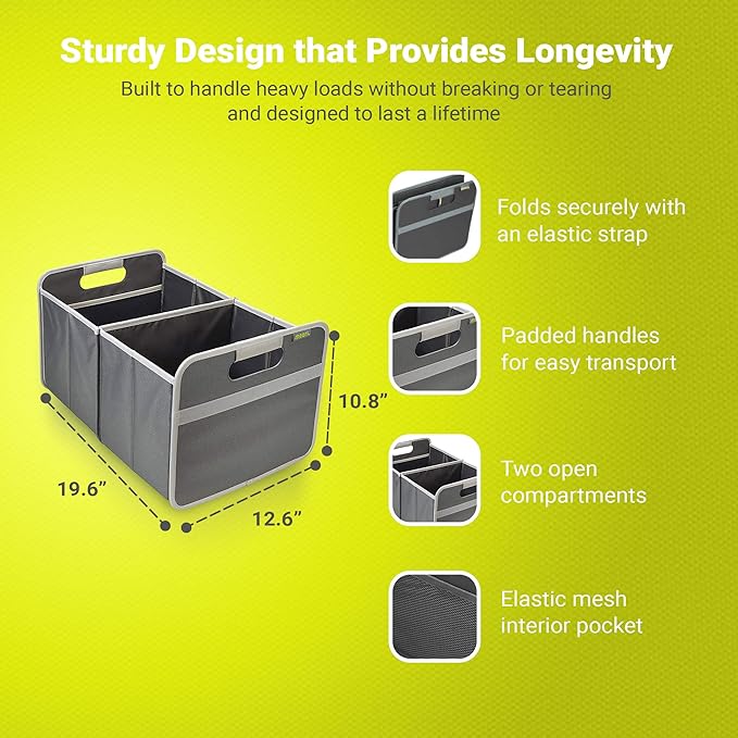 meori Large Trunk Organizer for Groceries Collapsible Granite Grey Storage Car SUV 2 Compartments