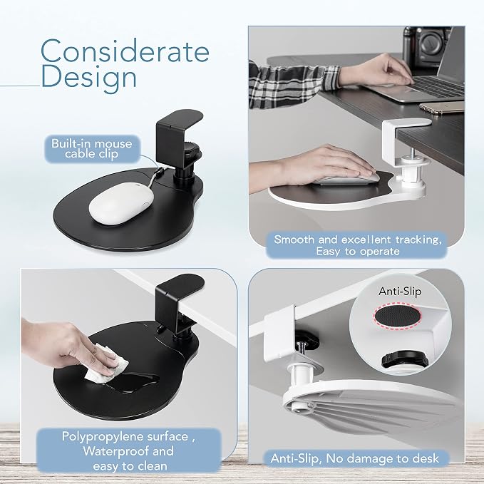 EHO Clamp on Mouse Platform, Clip on Pad Rotating 360 Degree, Ergonomic Mouse Tray Attachment, Mouse Pad, Slide Out Tray, Suitable for 1.5" Thickness Desk, for Home Office Desk Organizer (Platinum)