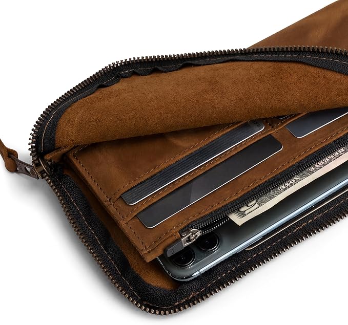 Hide & Drink, Leather Long Zippered Wallet, Holds Up to 8 Cards Plus Coins And Flat Bills, Phone Holder, Cash Organizer, Travel Essentials, Handmade, Swayze Suede
