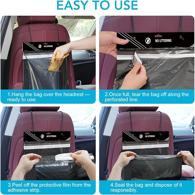 Disposable Car Trash Bag - Large Capacity - Car Garbage Bag Hanging from Headrest - Easy to Stick-On, Leakproof, Smellproof Car Trash Can - Ideal for Travel, Camping, and Home Use (All Black, 50)