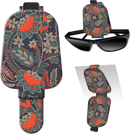 Leather Magnetic Sunglass Holder for Car Sun Visor, Cute Eyeglass Ticket Card Hanger Clip, Universal Auto Interior Accessories for SUV Pickup Truck Dark Red Floral