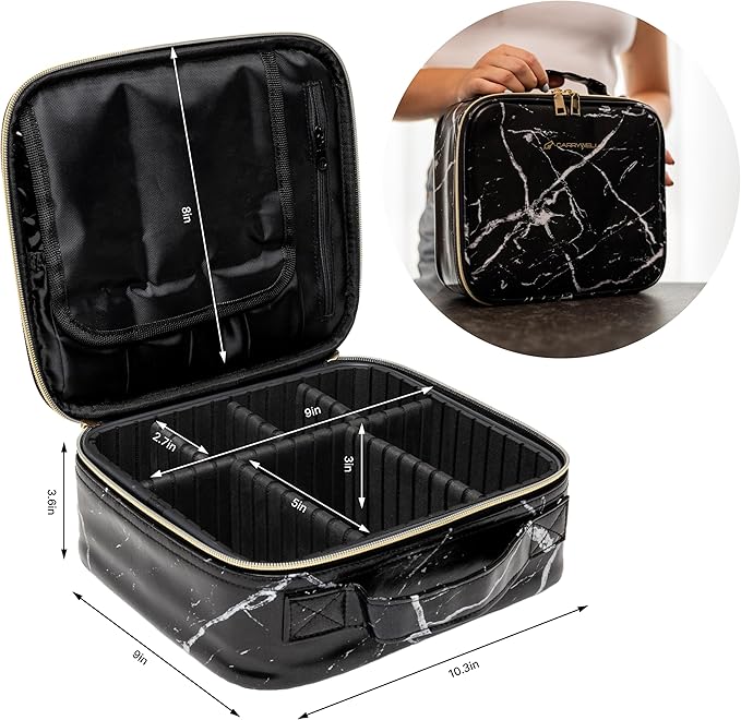Carrywell Makeup Bag Travel Case, Not-Made In China, Hard Train Case for Cosmetics, Portable Beauty Artists Organizer, Storage Box With Adjustable Dividers For Make Up and Brushes, Small Marble