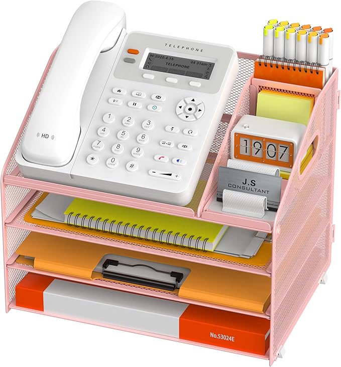 DocNest 4 Tier Metal Mesh Letter Tray - Space Saving Desk File Organizer with Handle, Pen Holder & Folder Holder - Desktop Document Sorter for Office, Home, School, Classroom - Pink